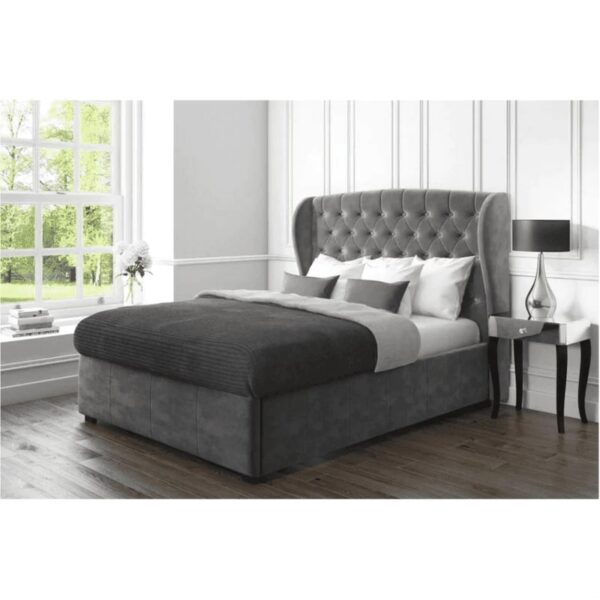 Boombox Upholstered Bed With Storage In Grey Suede